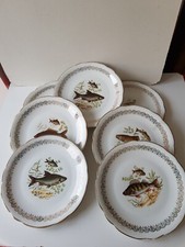 Lot de 7 assiettes à poisson en Porcelaine (Poissons d'eau douce) 24cm
