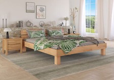 Grand lit adulte moderne en hêtre massif naturel 200x200, accessoires optionnels