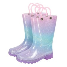 Enfants Filles Paillette Arc-en-Ciel Pente Bottes Caoutchouc Coeur Poignée PVC