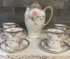 Haviland Limoges Chocolate Coffee Pot and 4 Demitasse Cups & Saucer Stunning Set
