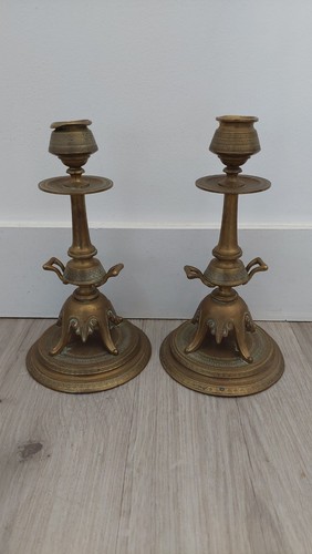 Paire bougeoirs bronze 19eme - bronze,
