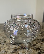 Victorian Iridescent Vase Moser Glass Applied Jeweled Beading Gold Enameled