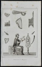 1845 - Instruments de musique du 13ème siècle - Gravure ancienne