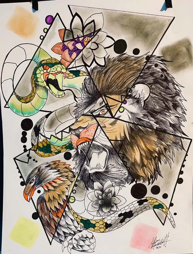 Tableau lion le - le, serpent