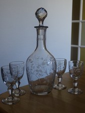 SAINT LOUIS ANTIQUE SERVICE LIQUEUR CRYSTAL FLORAL ENGRAVING ART NOUVEAU