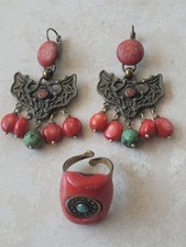 Ensemble Bijoux Nature Boucles D'oreilles Et Bague Pierre Rouge Ou Corail Vintag