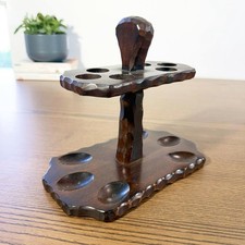 Antique Carved Wood Pipe Holder - Rustic 6 Slot Display Stand 1930