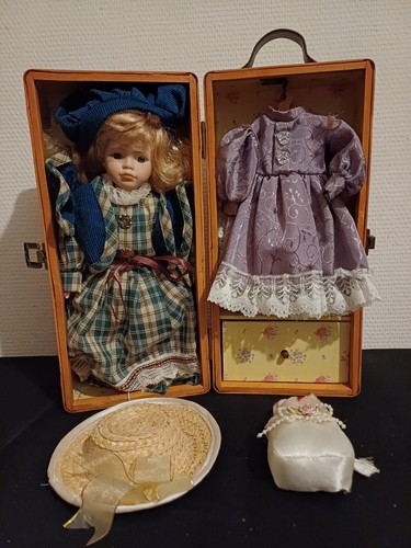 Antique porcelain doll wicker - doll,