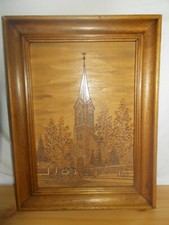 Ancien tableau bois pyrogravure signée A.FISCHER OBENHEIM église protestante 