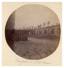 Italy, Pompeii, A Cobbled Street of Pompeii, View of Vesuvius Original Vintage Print