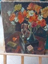 Jean de la Fontinelle - Huile sur toile - Bouquet de fleurs et chien