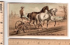 Farm WIARD NEW SULKY PLOW TAKES CAKE Horse-drawn or Hand Plow Trade Card
