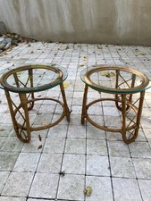 Paire De Table Basse Ronde En Rotin Et Verre Vintage 60/70’S
