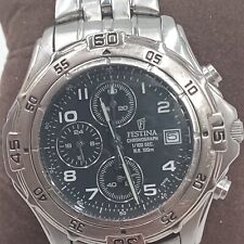 Festina Chronograph Watch Men 40mm Silver Tone 100M Date 6503 New Battery 