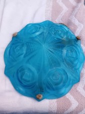 Suspension Plafonnier lustre vasque Art Deco verre moulé bleu