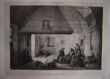 Très grande lithographie Lavement de pieds moine Capucin Couvent Barberini Rome