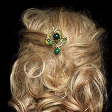 Peigne à Cheveux Art Nouveau Long Floral Email Vert Perle de Jade Vert QD12