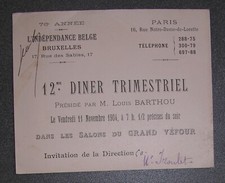 Louis Barthou’s Dinner Invitation for Belgian Independence at the Grand Véfour. 1904