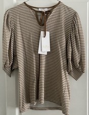 Top Rayures Marron Ecru Mi Manches Effet Bouffant Métallisé LOKITA XL 38