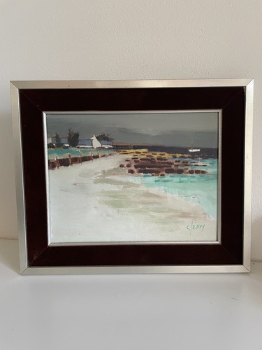 Ancienne huile sur toile plage