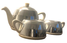 Vintage "Everhot" "R" Teapot, Sugar and Milk Jug  Mid-century Silver & Cream 