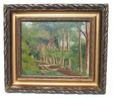  HUILE SUR TOILE CHEMIN EN SOUS-BOIS 19 ème CADRE BOIS DORE & STUC ANCIEN