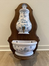 Vintage French Faience Lavabo Wall Fountain Décor Moustiers Blue White Basin