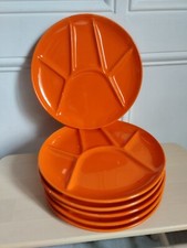 Service 6 assiettes à fondue en grès vernissé vintage années 70 orange