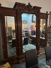 French Louis XVI Style Walnut 3 Door Mirror Front Armoire Wardrobe with Drawers