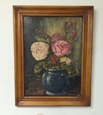 HST TABLEAU Ancien signé Bouquet De Fleurs Nature Morte Fleurs Roses 