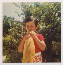 Boy Eats Big Baguette Bread, France Cliché - Vintage Photo Snapshot 1970