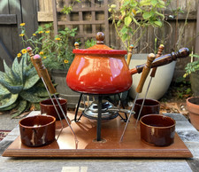 Vintage 1970s Enameled Aluminum Fondue Set - bright orange/wood-cheese/chocolate