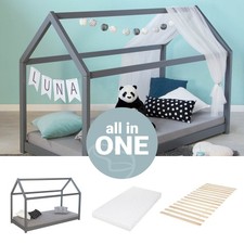Lit D'Enfant 80x160 cm avec Matelas Lit Cabane Gris Montessori Bébé Homestyle4u