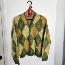 Vintage 70s Brent Mohair Cardigan Cobain Sweater Grunge Fuzzy Argyle Green Small