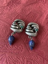 Vintage Fahrenheit Silver Tone Sodalite Blue & Green Glass Clip On Earrings