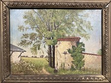 Huile sur panneau Ecole française Vue de mur d'enceinte d'un chateau signée