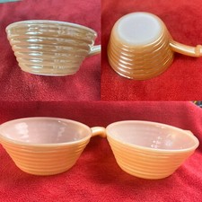 ? 2 Vintage Fire King Luster Bowl Handle Peach Iridescent Beehive Ovenware Soup