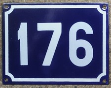 Large old blue French house number 176 door gate plate plaque enamel sign NOS