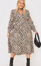Robe Mi-Mollet à Col Montant Imprimé Léopard Marron UK 14 (FMN42-27)
