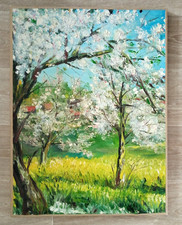 Tableau à l'huile vintage / Arbres en fleurs au printemps