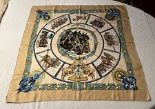 Hermes Carres 90 Chevaux De Trait Horses Beige Gold Brown Blue Silk Scarf