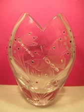 Glass Crystal Rhinestone Butterfly Vase Engraving Glass Cut Old