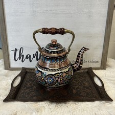 Turkish Hammered Copper Teapot Kettle & Tray Traditional Handmade Semaver Unique