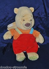 Peluche Doudou Ours Winnie DISNEY BABY Salopette Rouge Pull Orange 27 Cm TTBE