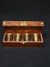 Solid wood box containing 4 brass shot glasses marine decor gift idea