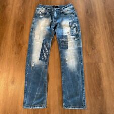 Kosmo Lupo Distressed Designer Denim Jeans Words Print Patches Blue 30x32