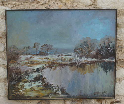 Etang hiver huile sur - hiver,