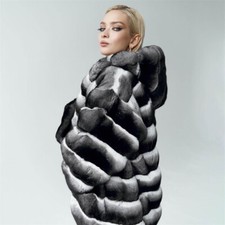 Fashion Women Chinchilla Coat Real Rex Rabbit Fur Jacket Hooded Overcoat Outwear