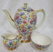 ANTIQUE EMPIRE PORCELAIN ENGLAND WATER LILLY COFFEEPOT, CREAMER & SUGAR BOWL SET