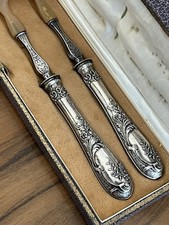 Set of 2 salad serving cutlery solid silver handle Minerva NAP III